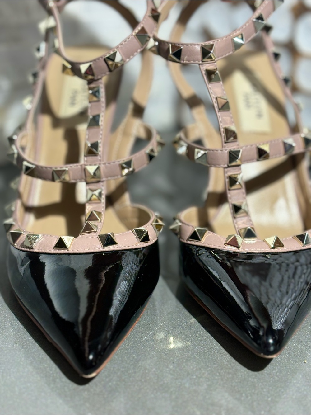 Kaitlyn Pan Studded Caged Pumps – Black Patent & Nude – Size